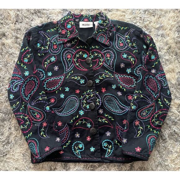 Jackets & Blazers - Units Petite Small Jacket Linen Blend Embroidered Floral Paisley Boho Festival